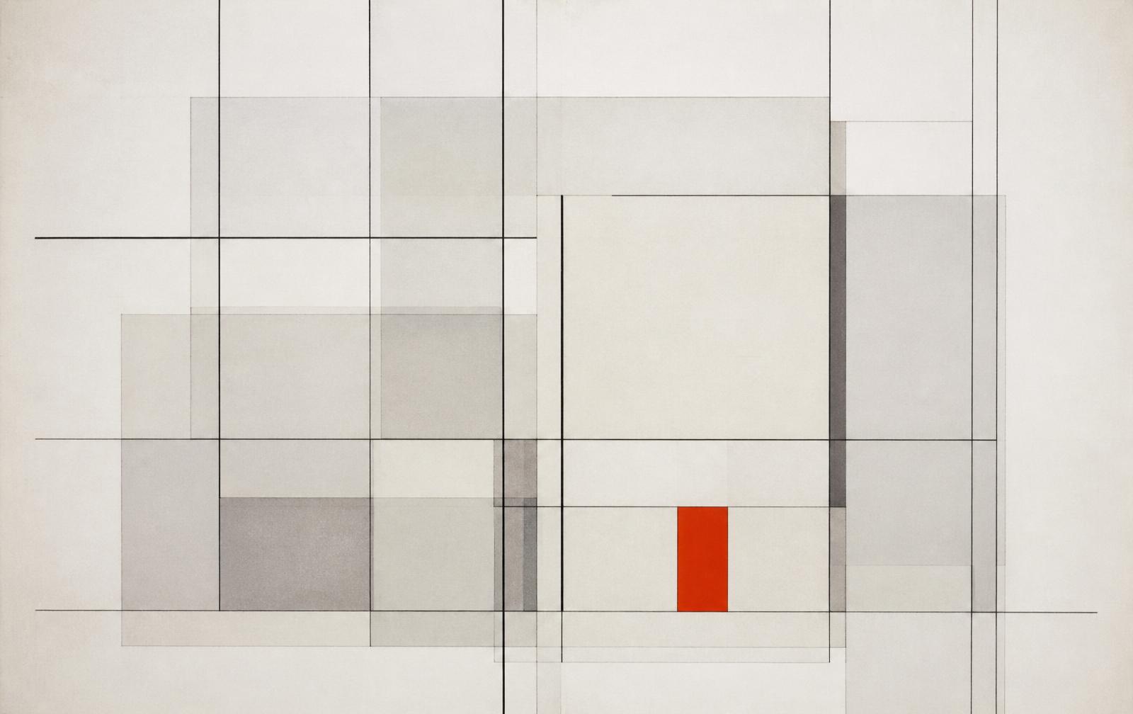 Abstract Swiss-style composition of overlapping grey planes and a single red rectangle on a modular grid